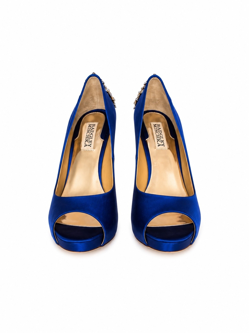 Badgley Mischka Royal Blue Satin Peep-Toe Stilettos with Crystal Heel Detail - Picture 3 of 4